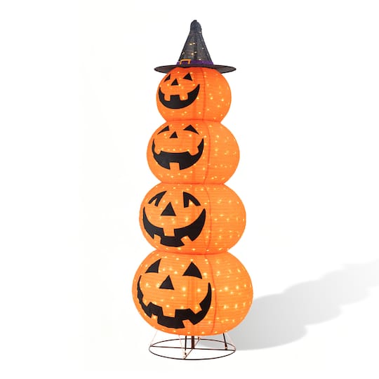 Glitzhome® 94.5" Lighted Halloween 3D Foldable Fabric Jack-O'-Lantern Outdoor Decor, 420 Warm White LED Lights | 32.25" x 32.25" x 94.5" | Michaels®